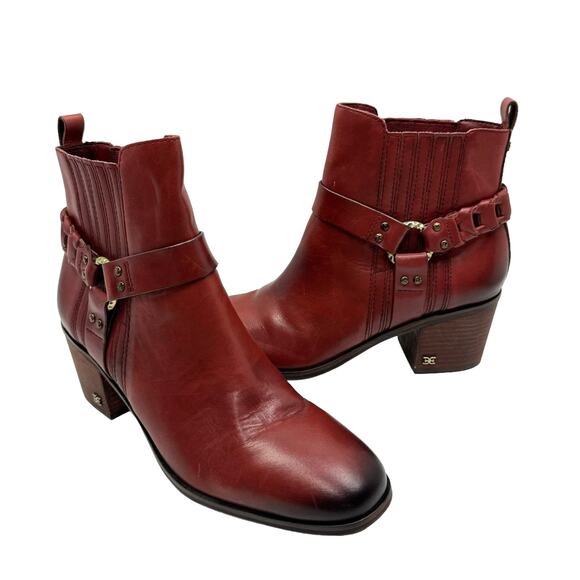 Sam Edelman Dalma Studded Harness Red Leather Chelsea Boots Ankle Booties - Picture 1 of 11